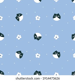 Cats and flowers seamless pattern. Vector floral texture for kids fabric or wallpaper. Cute cat faces and white flowers in hand-drawn style. 