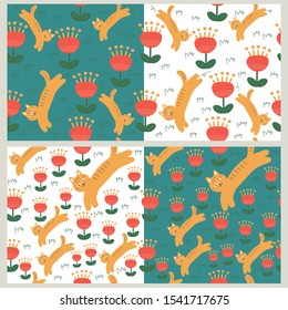 Cats and Flowers, vector seamless pattern set