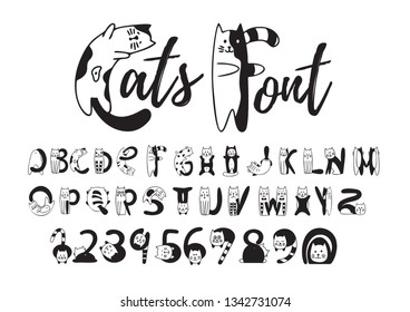 Cats font, cute black and white alphabet, numbers. Creative set of characters, kittens pictured in a variety of poses. Vector flat style cartoon illustration isolated on white background