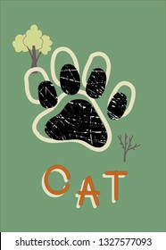 Cats footprint creative picture on green background (vector)