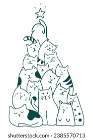 Cats forming a christmas tree. Hand drawn vector illustration. White background. Myrealholiday