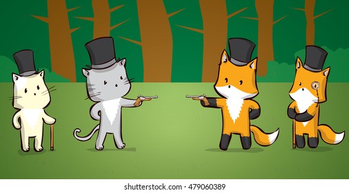 Cats and foxes in a duel. Hand drawn cartoon vector