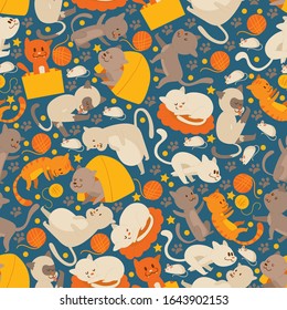 Cats funny cartoon characters in seamless pattern, vector illustration. Flat style wrapping paper or fabric print design. Cute pets in different poses and shapes, active, lazy, playing or sleeping cat