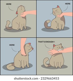 Cat's funny illustration art . Feline behavior and feelings. Cute pets with angry, friendly, calm, playful and sacred emotions. Kittens relaxing, asking for food and lying belly up. Flat vector illust