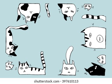 Cats. Funny cats. Playing cats. Kittens. Zentangl. Line art. Drawing by hand. Graphic arts. Decorative. Stylized. Dudling. Set. Isolated.