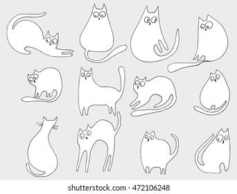 Cats. Funny cats. Playing cats. Kittens. Zentangl. Line art. Drawing by hand. Graphic arts. Decorative. Stylized. Dudling. Set. Isolated.