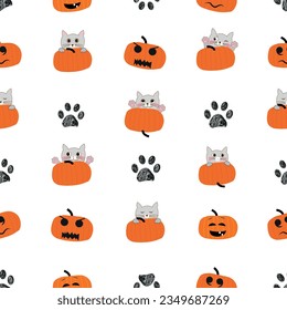 Cats and funny pumpkin. Happy Halloween card. Fabric design seamless pattern