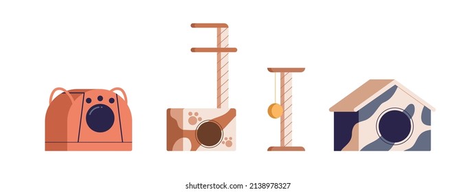 Cats furniture and supplies set. Kitty house, toilet, carrier, scratching post, playground with climbing platforms, condo towers. Pets equipment. Flat vector illustrations isolated on white background