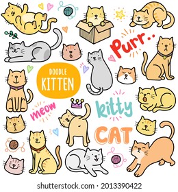 Cat's gestures and activities , colorful graphics elements and illustrations. Cat activity vector art such as playing, sleeping, yawning, smiling, having fun are included in this doodle cartoon set.