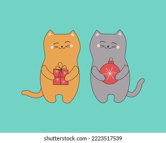 Cats with a gift in a box and a Christmas ball. Christmas, New Year, holiday attributes. Holiday card design with lettering. Cartoon kitten icon. Vector graphics, color illustrations.