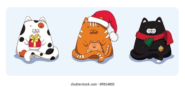 Cats with gift, Santa’s hat and Christmas tree