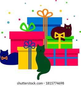 Cats and gifts. A pile of gift boxes with bright wrapping and multicolored cats sitting nearby. Isolated on white background. Сelebration merry christmas or birthday party. Flat style vector image.