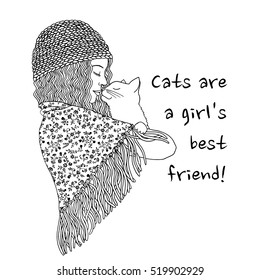 ¡Los gatos son el mejor amigo de una chica! ilustración en blanco y negro dibujada a mano de una linda chica sujetando a su gato