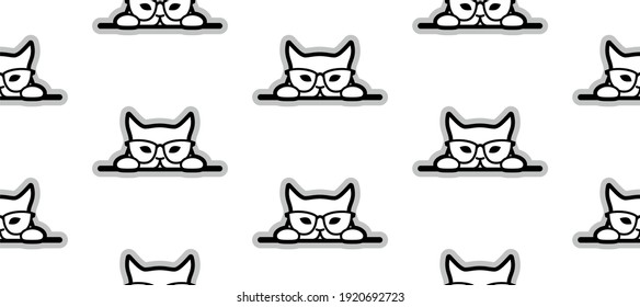 cats with glasses seamless pattern, monochrome vector illustration