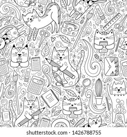 Cats go to school funny seamless pattern. Coloring page for adults and children. Vector illustration 