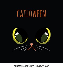 Cat`s green eyes on black background