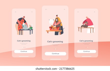 Cats Grooming Mobile App Page Onboard Screen Template. Hairdressers Characters Care of Cats Comb Wool, Cut Talons, Washing in Salon for Pets. Groomers Service Concept. Cartoon Vector Illustration