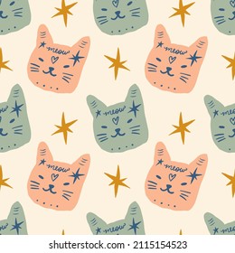 Cats groovy cute stars comic characters boho doodle modern art print funny handdrawn childish cartoon funky trendy style vector seamless pattern illustration clipart