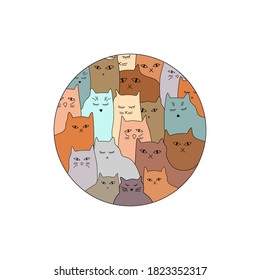 Cats group in the circle shape. Cute and funny hand drawn pets. Flat Vector illustration for world cats day. 
