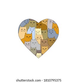 Cats group in the heart shape. Cute and funny hand drawn pets. Flat Vector illustration for world cats day. 
