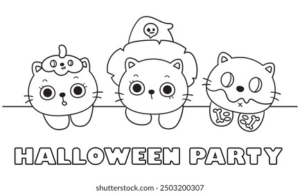 cats Halloween card on magic line (kitten cartoon) Coloring pages for kids Children activity. Kawaii drawing (trick or treaters). Perfect make a wish for Kid party, greeting card, nursery wall.