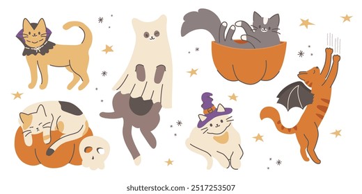 Cats in a Halloween costume. Cute cartoon cats in a vampire costume, ghost, witch hat, with bat wings. A kitten lying in a pumpkin. Cat characters for social media, stickers, fall festivals, prints.