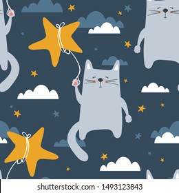 Cats, hand drawn backdrop. Colorful seamless pattern with animals, stars, clouds. Decorative cute wallpaper, good for printing. Overlapping background vector. Design illustration. Good night