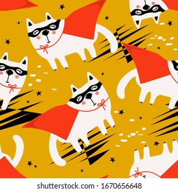 Cats, hand drawn backdrop. Colorful seamless pattern with animals, stars. Decorative cute wallpaper, good for printing. Overlapping background vector. Design illustration, super cat