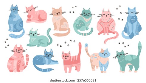 Cats hand drawn cartoon childish set. Cute kitten with ornament illustration soft colors for newborn babies. Funny pet animal design for kids. Colorful cats in different poses. Mammal character vector