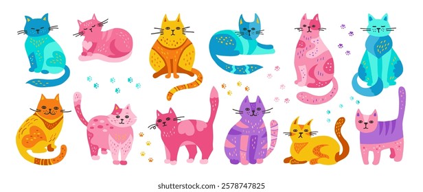 Cats hand drawn cartoon childish set. Cute kitten with ornament. Pet with pattern, modern funny animal design for kids. Colorful cats in different poses. Mammal drawing character vector illustration