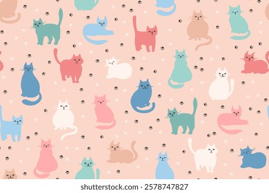 Cats hand drawn cartoon childish endless pattern. Cute kitten repeat wallpaper soft colors for newborn babies. Funny pet animal boundless design for kids. Colorful cats in different poses vector