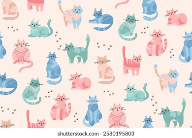 Cats hand drawn cartoon childish endless pattern. Cute kitten repeat wallpaper soft colors for newborn babies. Funny pet animal boundless design for kids. Colorful cats in different poses vector