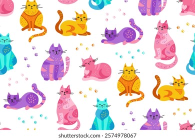 Cats hand drawn childish endless pattern. Cute cartoon kitten repeat wallpaper. Funny cats in different poses seamless design for paper print, fabric textile, wrapper backdrop template vector for kids