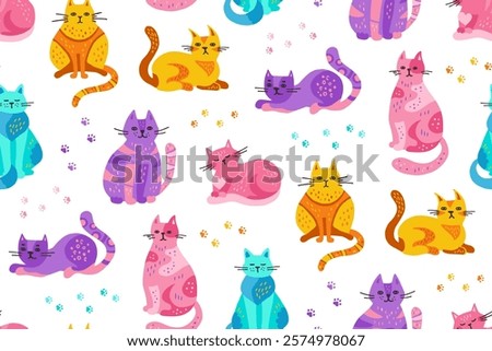 Cats hand drawn childish endless pattern. Cute cartoon kitten repeat wallpaper. Funny cats in different poses seamless design for paper print, fabric textile, wrapper backdrop template vector for kids
