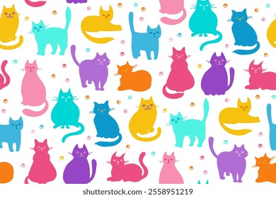 Cats hand drawn childish seamless pattern. Colored kitten repeat wallpaper. Funny cats in different poses endless design for paper print, fabric textile, wrapper backdrop template vector art for kids