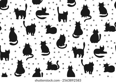 Cats hand drawn childish seamless pattern. Silhouette kitten repeat wallpaper. Funny cats in different poses endless design for paper print, fabric textile, wrapper backdrop template vector for kids