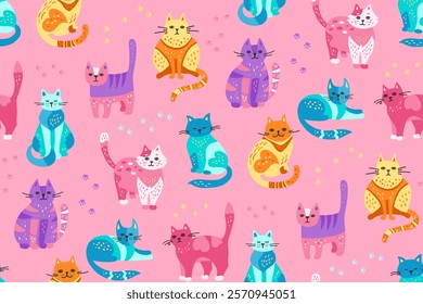 Cats hand drawn childish seamless pattern. Cute cartoon kitten repeat wallpaper. Funny cats in different poses endless design for paper print, fabric textile, wrapper backdrop template vector for kids