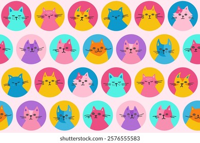 Cats hand drawn childish seamless pattern. Colored simple kitten head repeat wallpaper. Funny cats in circle endless design for paper print, fabric textile, wrapper backdrop template vector for kids