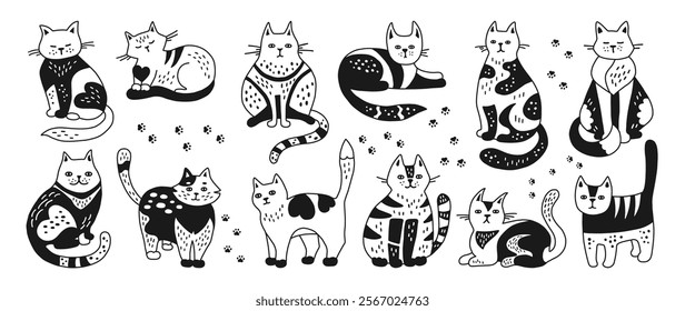 Cats hand drawn doodle childish set. Cute black and white kitten with ornament. Pet with pattern, funny animal design for kids. Cats in different poses. Mammal drawing character vector illustration