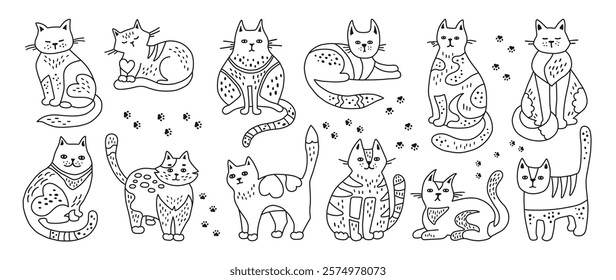 Cats hand drawn doodle childish set. Cute kitten with outline ornament. Pet with pattern, linear funny animal design for kids. Cats in different poses. Mammal drawing character vector illustration