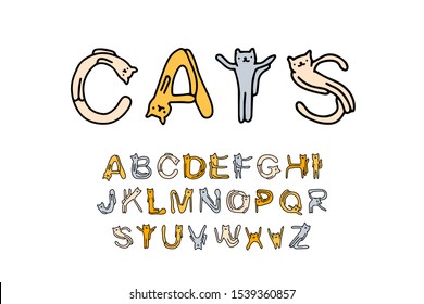 Cats hand drawn vector font type in cartoon comic style with domestic animals