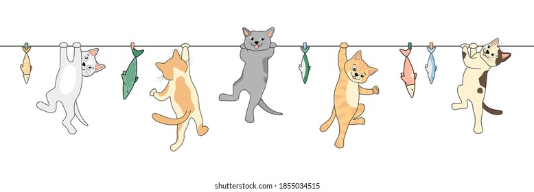 Cats are hanging on a rope. Fish on a string.