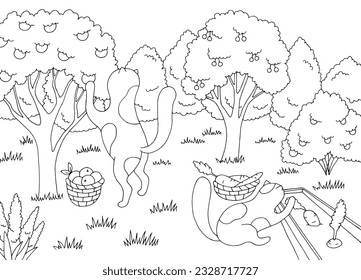 Cats are harvesting in garden graphic black white landscape sketch illustration vector