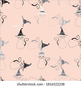 Cats in hats. Cartoon funny animal. Seamless vector pattern.