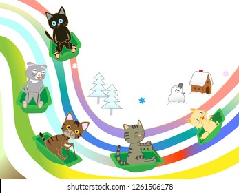 Cats are having fun and skipping on a sled.