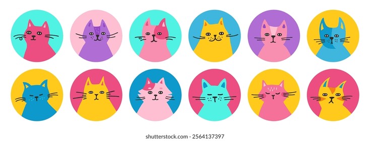 Cats head avatar funny set. Collection of portraits of happy cute different kitten headshot. Vector illustration character pet animal avatars for social media profile male or female art design