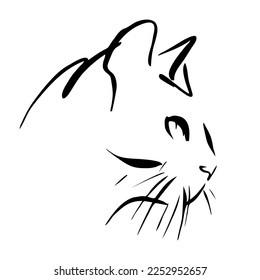 Cat's head drawn in ink, vector illustration, quick sketch, line art