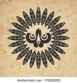 Cat's head with indian feathers