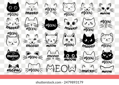 Cats head with meow word and cute emotions for logo of zoo store with pet products. Cats and kittens of different breeds for design of magazine about pet care and veterinary advice. Hand drawn doodle