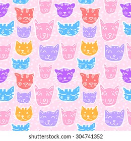 cat's head seamless doodle pattern. hand drawn colorful vector background